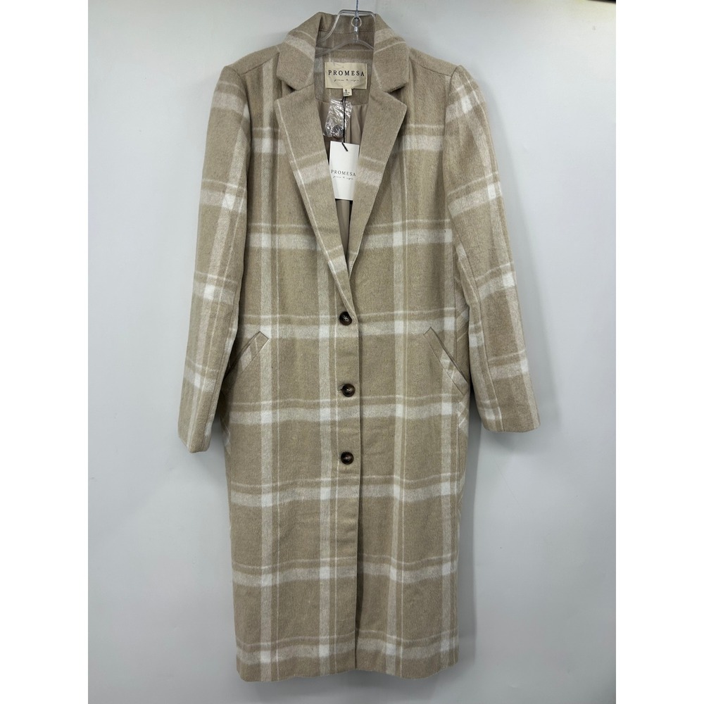 Promesa Tan White Plaid Longline Coat Womens Small NWT Notch Lapel Button Front